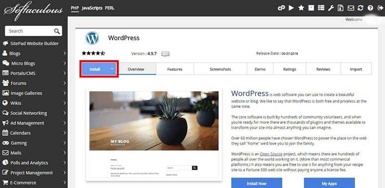 Installez WordPress depuis Softaculous